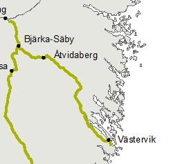 Tjustbanan Risk Bjärka-Säby-Västervik, banans hela längd 118 km, härav 92 km med risk