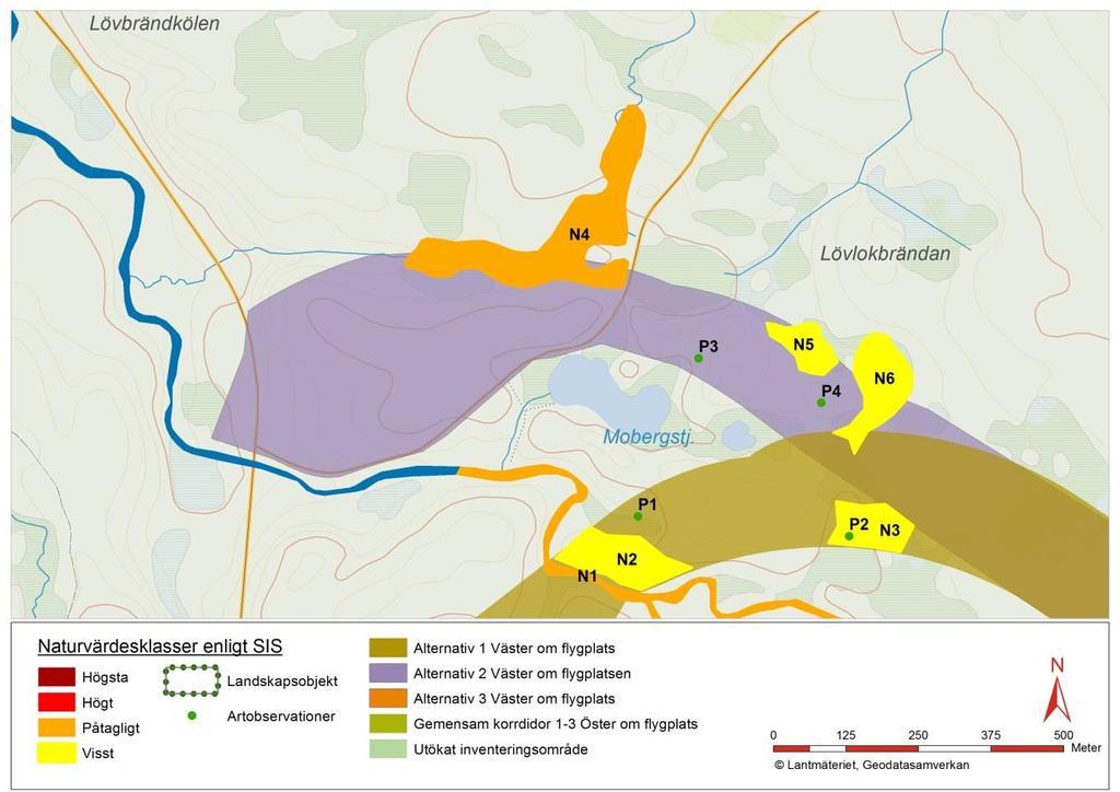 3.2. Alternativ 2 Figur 11. Översiktlig redovisning av identifierade rödlistade/skyddade arter (punkter) och naturvärdesklassade objekt (ytobjekt) inom Alternativ 2 väster om flygplatsen.