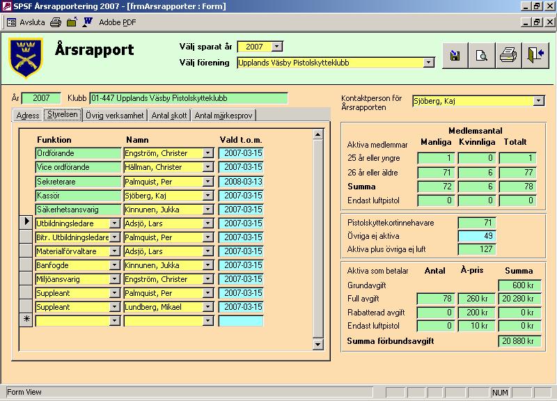 I kretsversionen finns en ruta för Föreningen har rapporterat. Denna bockas för automatiskt då respektive förenings datafil importeras i programmet.