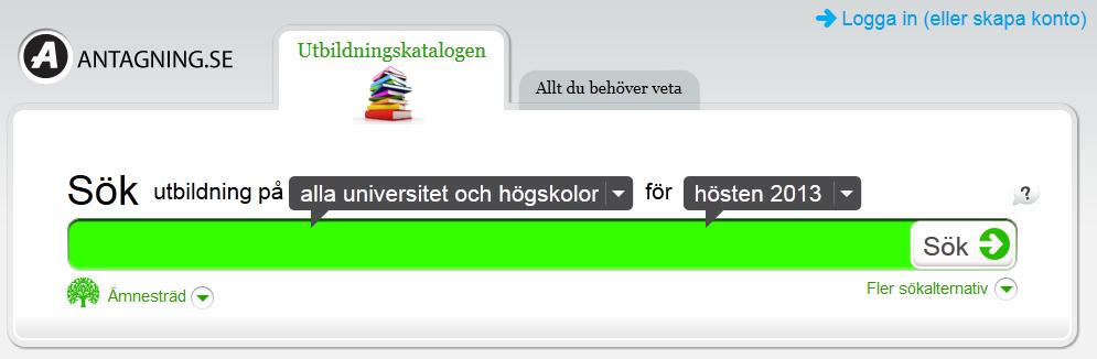 Klicka dig fram till den sökterm du vill söka på. lla söktermer som finns i Ämnesträdet på ntagning.se finns även i listan i Kursinfo. I det gröna fältet för fritextsökning på ntagning.