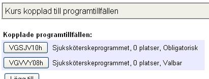 När kopplingen är sparad ser det ut så här i högra fönstret: Den nya kopplingen ligger överst i listan över kurstillfällets kopplingar. Klicka på knappen Spara kurstillfället.