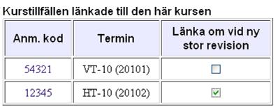 För att länka om kurstillfällen från den tidigare revisionen måste du i rutan Kurstillfällen länkade till den här kursen bocka för vilket eller vilka av kurstillfällena du vill ha med till den nya