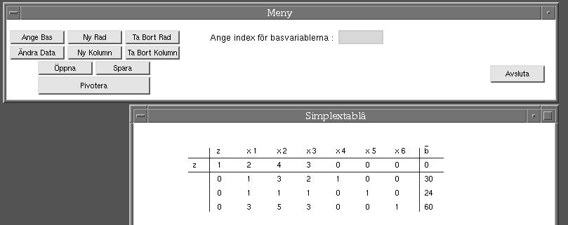 Öppna och spara fil samt pivotering Läs in problemet med Öppna (ange ej suffixet.m på filnamnet). Välj därefter en startbas med Ange Bas. Basvariablernas index anges med mellanrum eller komma emellan.