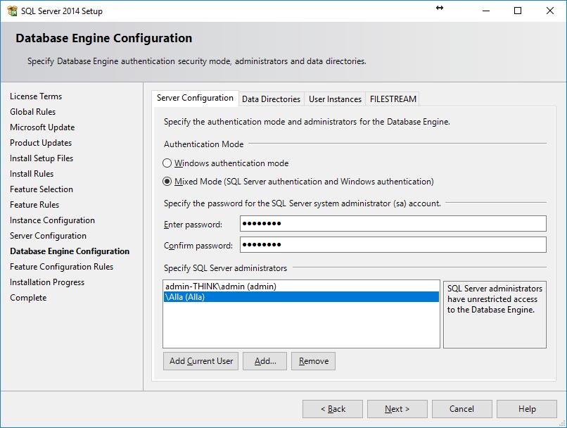 4. Database Engine Configuration Server Config Authentication Mode Mixed mode Körs SQL på en server eller om en kassadator har flera Windows användare sätt Mixed mode så alla kan komma åt databasen.