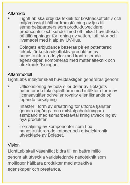 Verksamhetsbeskrivning Verksamhetsbeskrivning LightLab utvecklar, marknadsför och säljer teknik för kostnadseffektiv och hållbar framställning av ljus med fokus på UV-rening, vilket innebär att man
