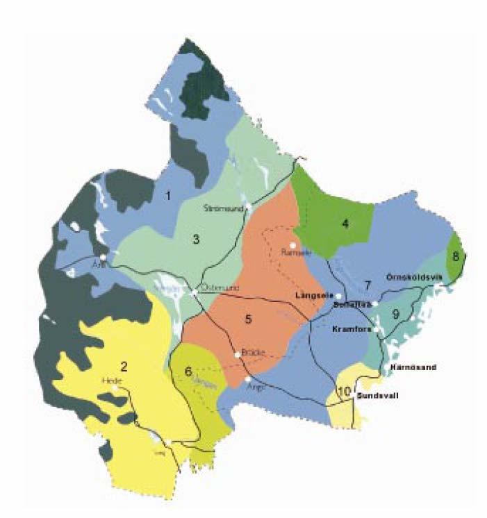 49 (81) Naturgeografiska regioner Skogsstyrelsen delar in de jämtländska skogarna i fem olika naturgeografiska regioner: Västjämtlands och Härjedalens höglägesskogar längst västerut, Jämtlands