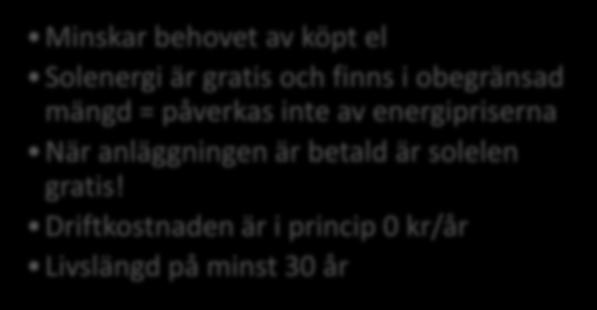 Driftkostnaden är i princip 0 kr/år Livslängd på minst 30 år Garanti 10-12 år