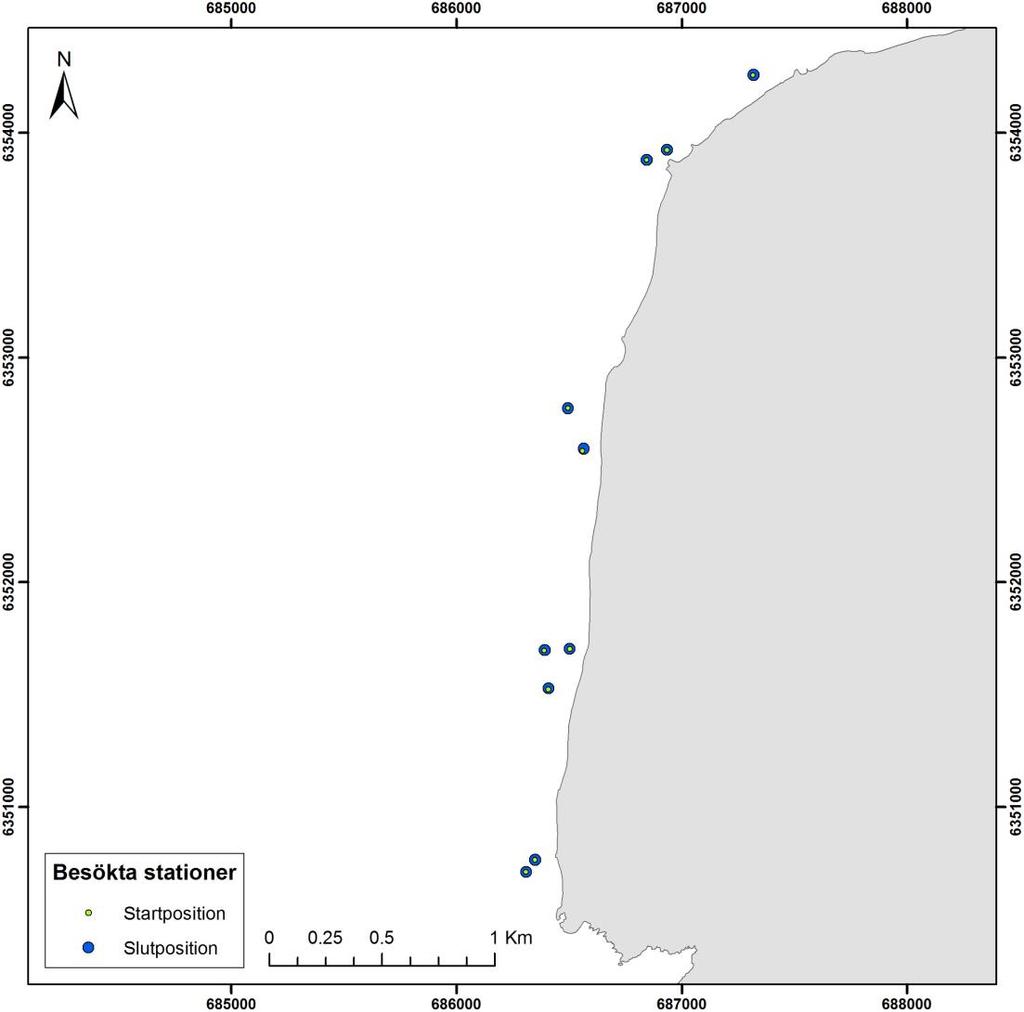 Stationerna fördelades i grupper på olika djup med jämna mellanrum utmed kusten att täcka in områdets olika exponeringsmiljöer och djup så väl som möjligt.