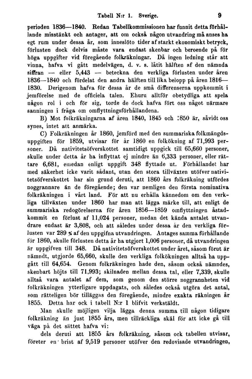 Tabell N:r 1. Sverige. 9 perioden 1836 1840.