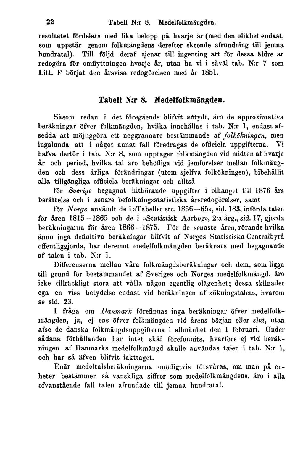 22 Tabell N:r 8. Medelfolkmängden. resultatet fördelats med lika belopp på hvarje år (med den olikhet endast, som uppstår genom folkmängdens derefter skeende afrundning till jemna hundratal).