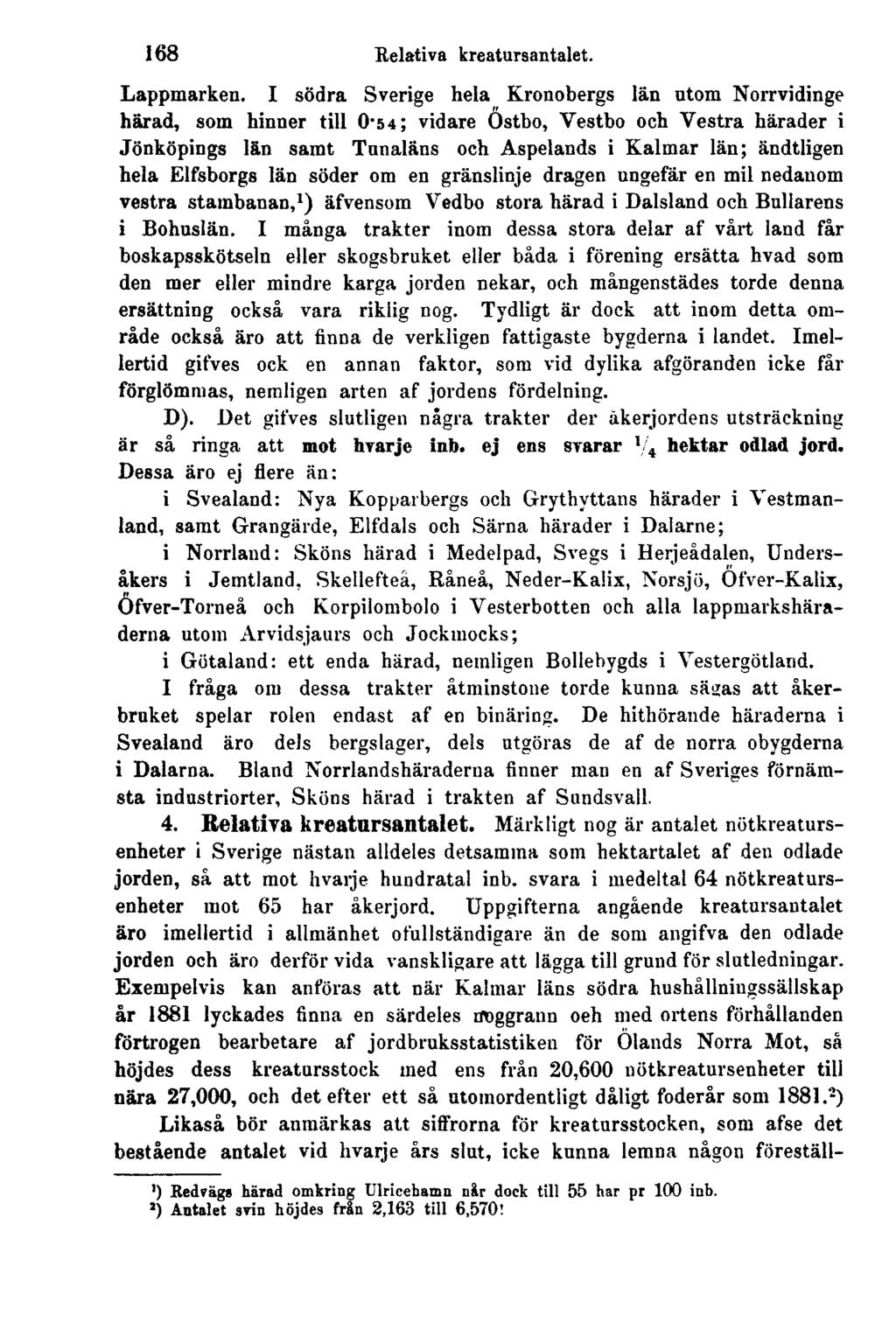 168 Relativa kreaturaantalet. Lappmarken. I södra Sverige hela Kronobergs län utom Norrvidinge härad, som hinner till 0.