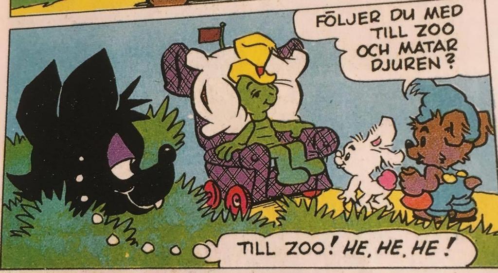 Figur 4 (Bamsebibliotek volym 1 år 1973, serietidning 1, sidan 8, narrativ nummer 2) Ibland förekommer det situationer där en av Bamses närmaste vänner åsyftas i skrift men inte syns i bild.
