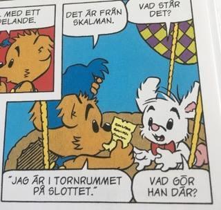 Ett exempel på ett sådant tillfälle finns i Bamsebibliotek volym 60 år 2002, i serietidning 14 på sidan 15 i narrativ nummer 6 (se figur 5).