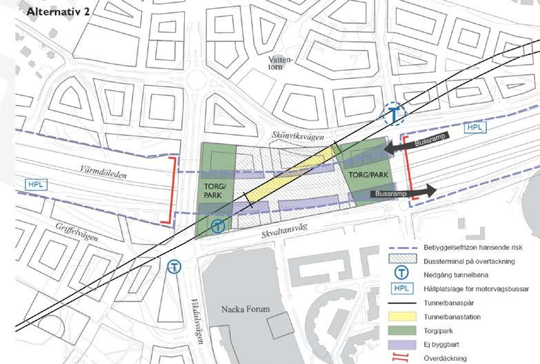Utredning Bussterminal Nacka C 30(43) 6.2 Alternativ 2: Bussterminal på överdäckning utan trafikplats Även utan trafikplatsen vid Nacka C skulle bussterminalen kunna placeras på överdäckningen.
