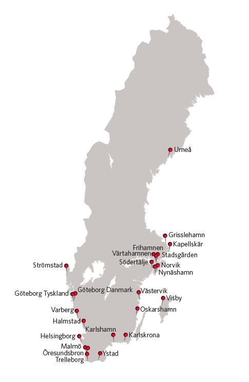 2. Hamnar I Sverige finns enligt branschorganisationen Sveriges Hamnar ett 50-tal hamnar med kommersiell trafik, fördelat på hamnar för bulk, container, färjor, olja och ro-ro (roll on, roll off).