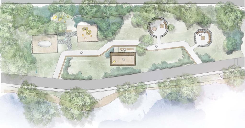 ideal som Holger Blom beskriver ovan lades, genom arktiekten Erik Glemme, stor omsorg på utformningen av parkens byggda element: Rosengård och förråd Förrådsbyggnaden utformades som en vitkalkad