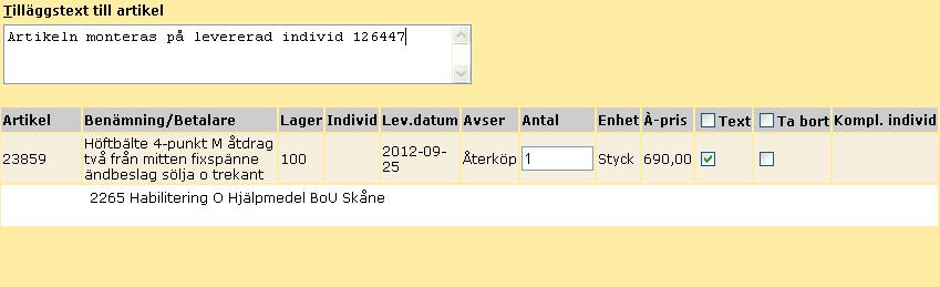 25 Klicka på. Här visas nu till vilken individ du valt att koppla komponent (tillbehöret) till. Obs!