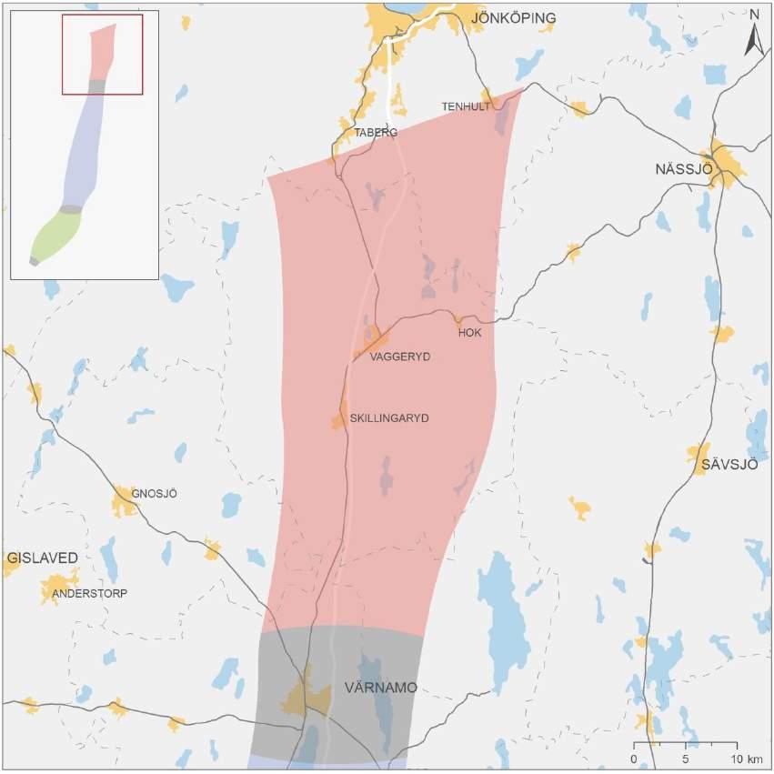 7.5. Sträckan Taberg/Tenhult Värnamo Utredningsområdet mellan Taberg/Tenhult ner till Värnamo är 60 km långt och ca 30 km brett.
