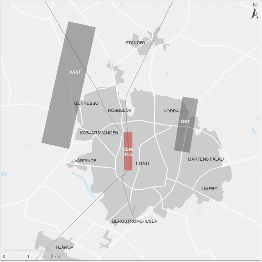 8.8.4. Potentiella effekter Lund centralt Figur 91. Principiellt stationsläge Lund centralt markerat i rött.