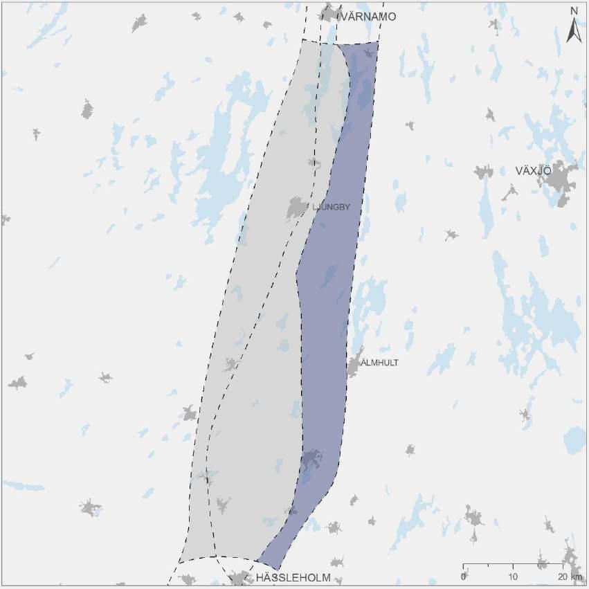 8.10.6. Potentiella effekter Värnamo-Hässleholm delområde öst Figur 107. Sträckan Värnamo-Hässleholm delområde öst.