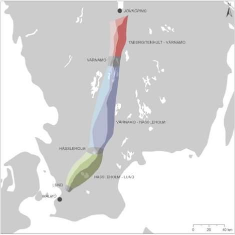 Sträckor På sträckorna Taberg/Tenhult-Värnamo, Värnamo-Hässleholm och Hässleholm-Lund har en analys genomförts av möjligheten att komma fram med en höghastighetsjärnväg i olika delområden, ett