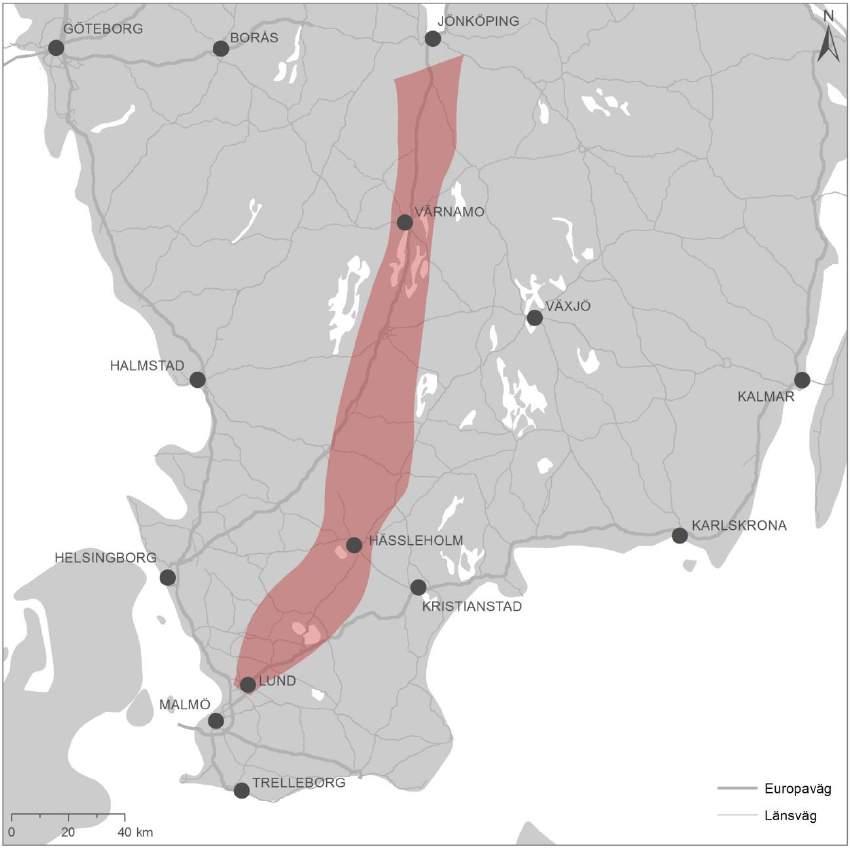 7.1.6. Vägnät Inom stråket finns ett antal läns-, riks- och Europavägar. E4 går från Jönköping i norr till Ljungby där den viker av från stråket åt väster mot Helsingborg.