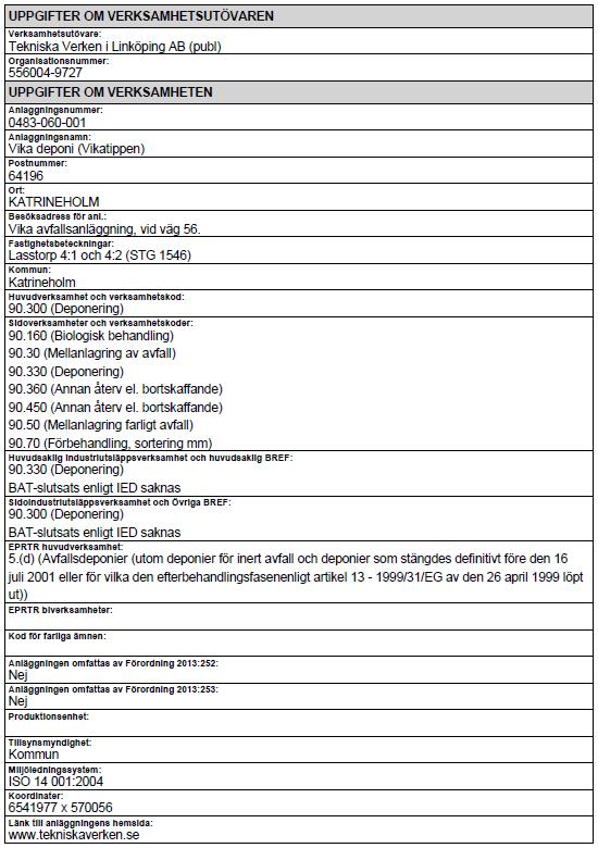 Vika avfallsanläggning - miljörapport 2016 Miljörapport Vika avfallsanläggning Grunddel Utdrag ur SMP: