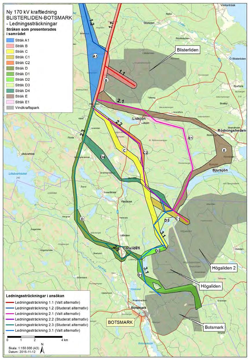 MILJÖKONSEKVENSBESKRIVNING 14(83) Figur 3-3 Översikt över de stråk som presenterades i