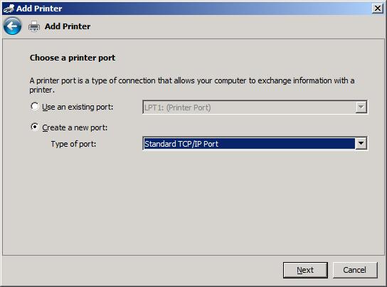 8. Om datorn inte är ansluten till MFP-enheten väljer du Create a new port (Skapa en ny port) under Choose a printer port (Välj en