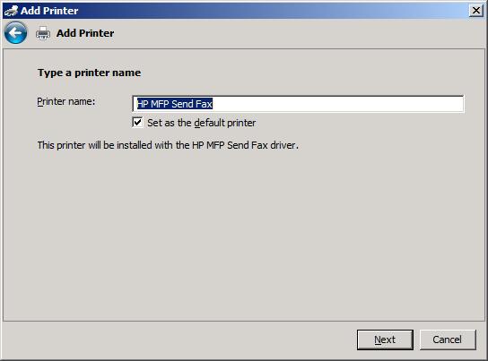 17. I textrutan Printer name (Skrivarnamn) visas standardnamnet HP MFP Send Fax (HP MFP skicka fax).