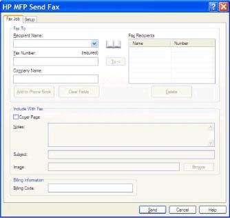 9. Om betalningskodfunktionen är aktiverad skriver du in betalningskoden under Billing Information (betalningsinformation) i dialogrutan HP MFP Send Fax (HP MFP faxsändning).