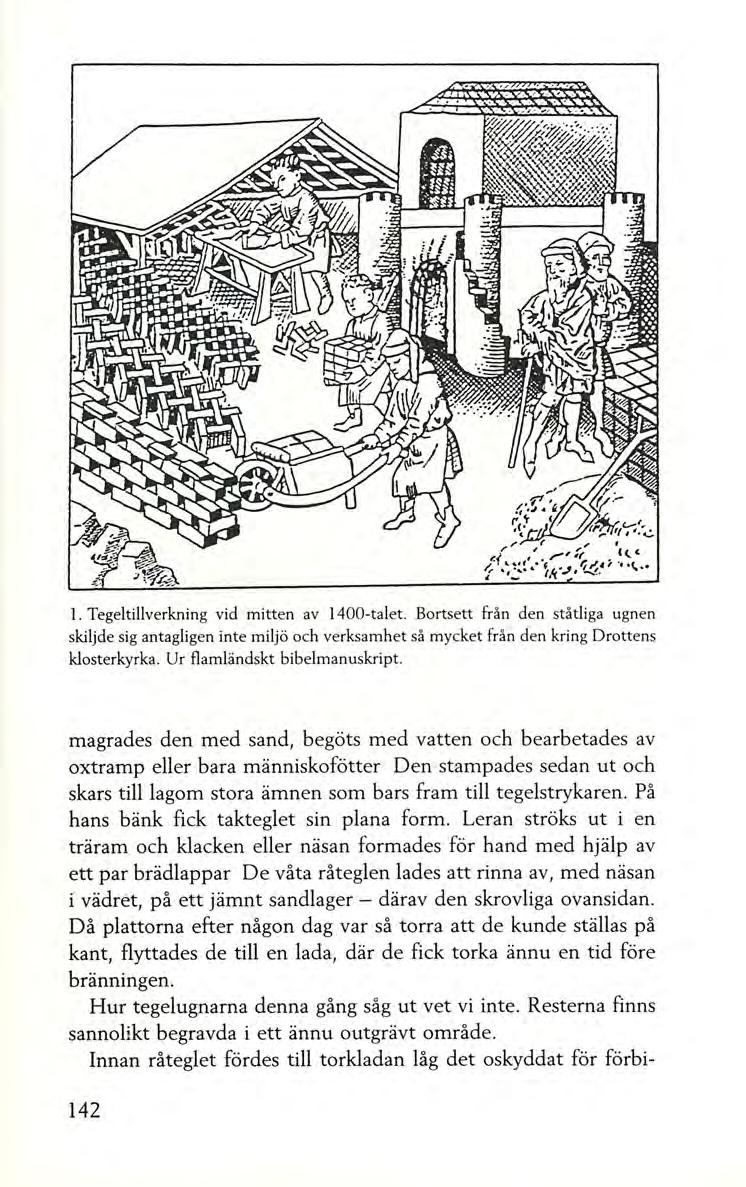l. Tegeltillverkning vid mitten av 1400-talet. Bortsett från den ståtl iga ugnen skiljde sig antagligen inte miljö och verksamhet så mycket från den kring Drottens klosterkyrka.