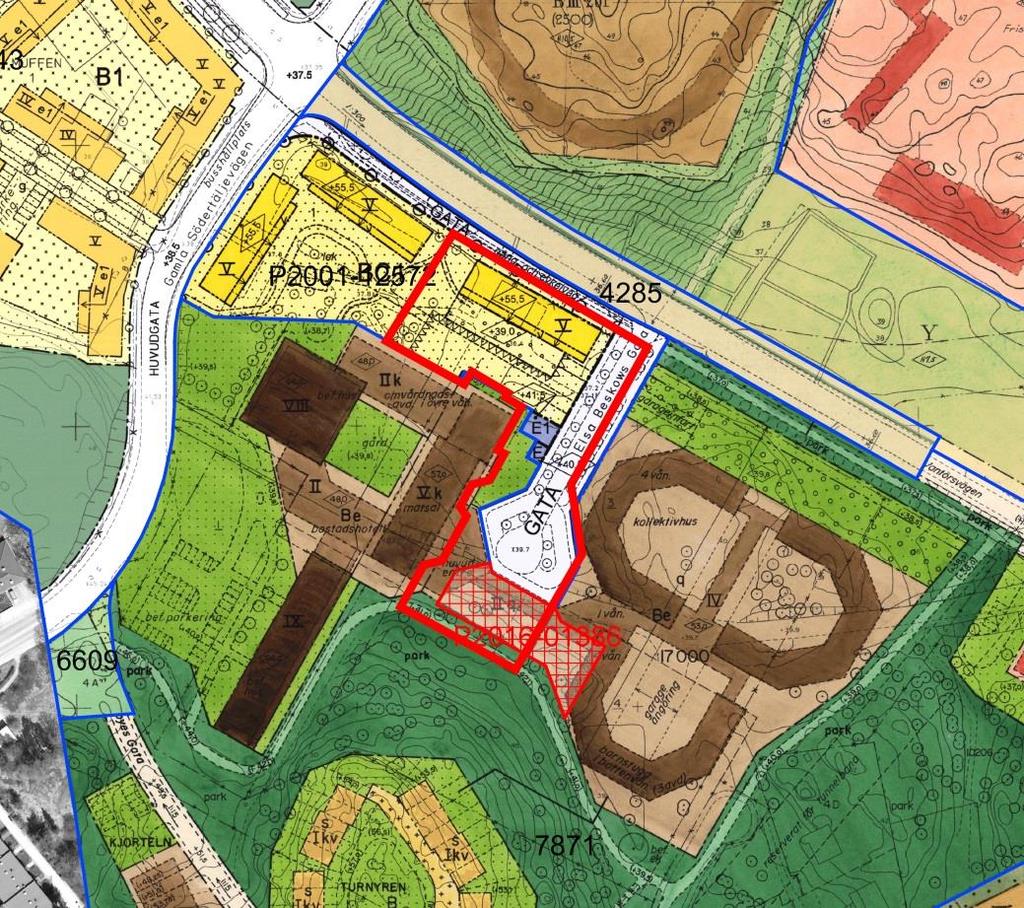 Sida 7 (33) Gällande detaljplaner och aktuellt planområde markerat med röd linje.
