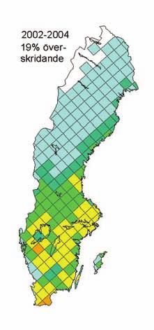 utanför landets gränser. Överskridandet är störst i sydvästra Sverige där depositionen är högst.