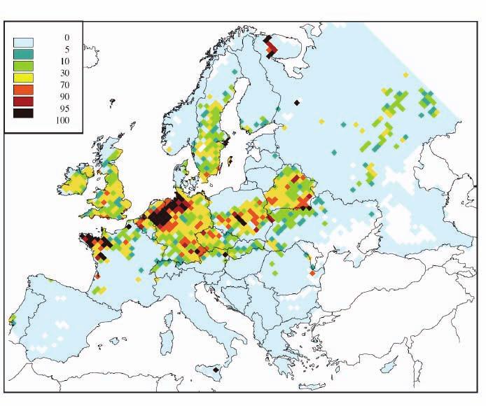 sjöar i Europa beräknas minska med 74 % resp. 39 % till 2020 jämfört med år 2000. Figur 5.2. Karta över överskridande av kritisk belastning för försurning i skogsmark år 2020, enligt Basscenario framtaget för EU:s tematiska strategi.