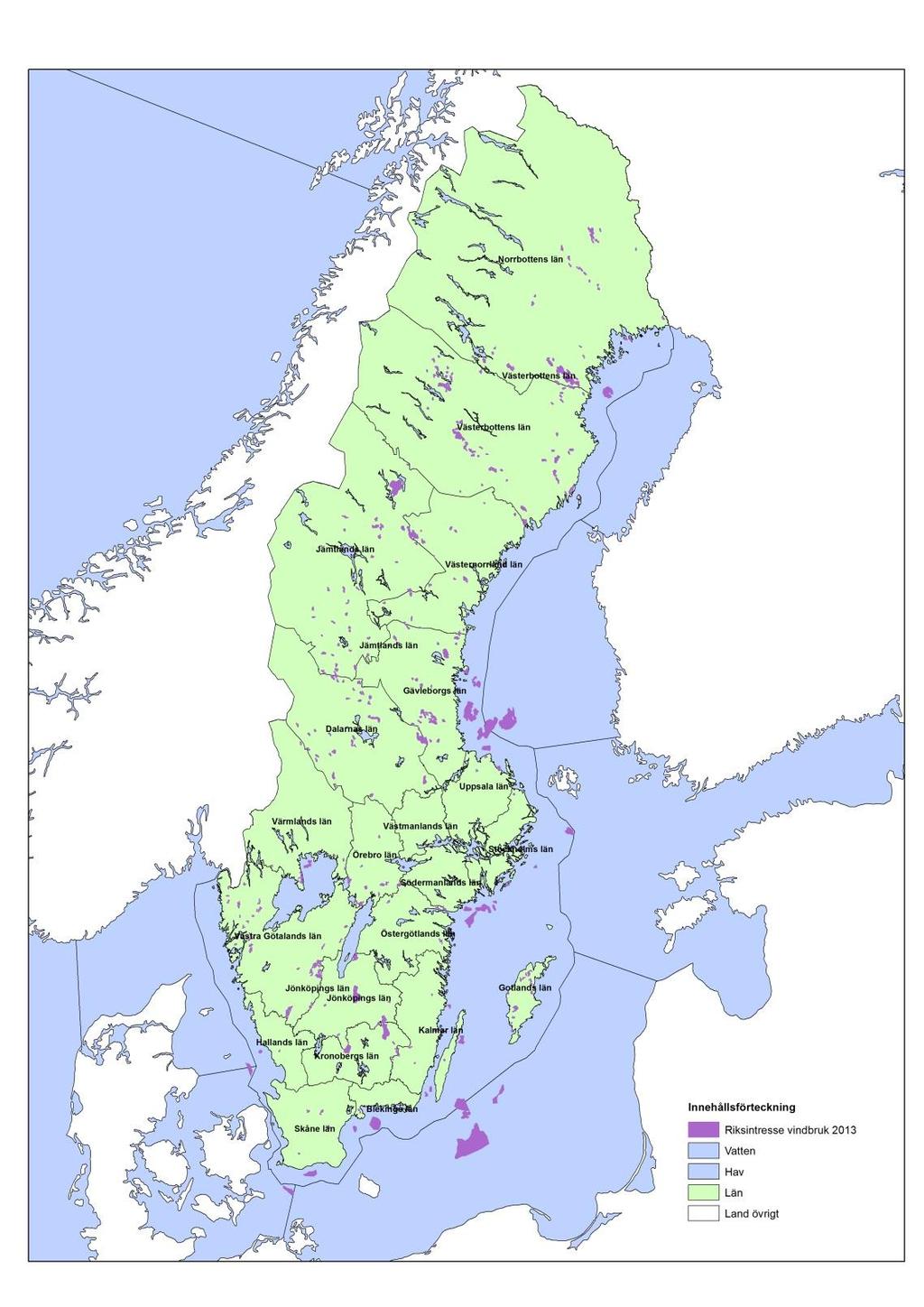 Riksintresse vindbruk 2013 2013-12-18 281 områden på land (3 783 km2) 29 områden till havs (4 085 km2) Ytanspråk 7 868 km2 Totalt 310 områden 1,5 procent av Sveriges yta Antal
