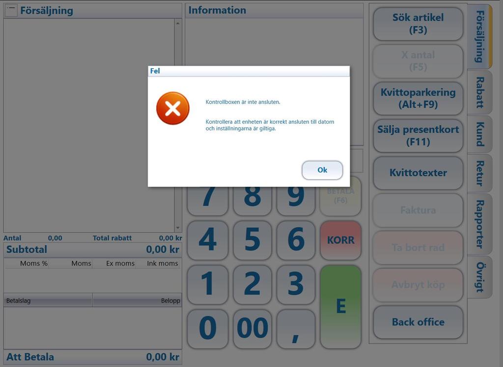 Startbild POS- kassaläge- kontrollbox Man kan ej utföra