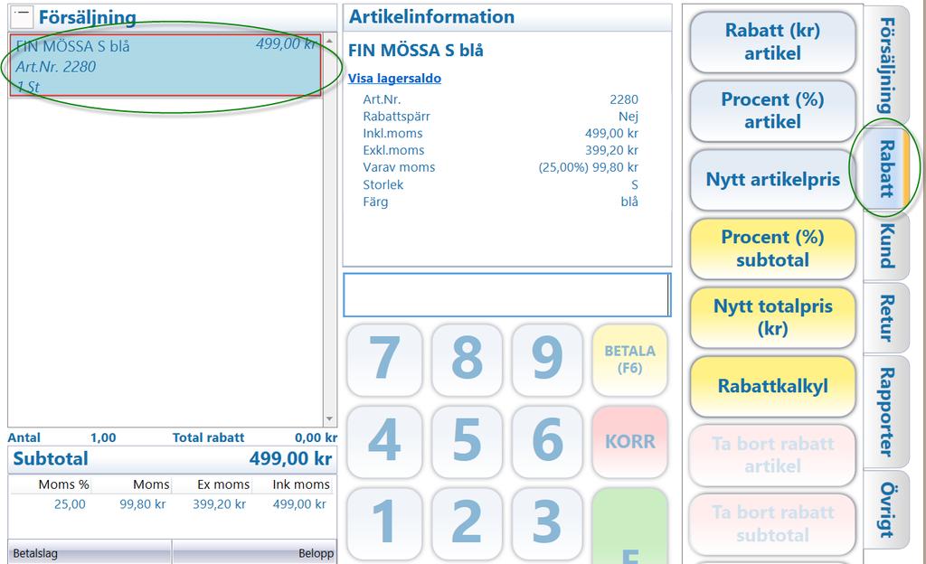 Rabatt- en/flera varor Välj fliken Rabatt för att se valen för Rabatt 1.