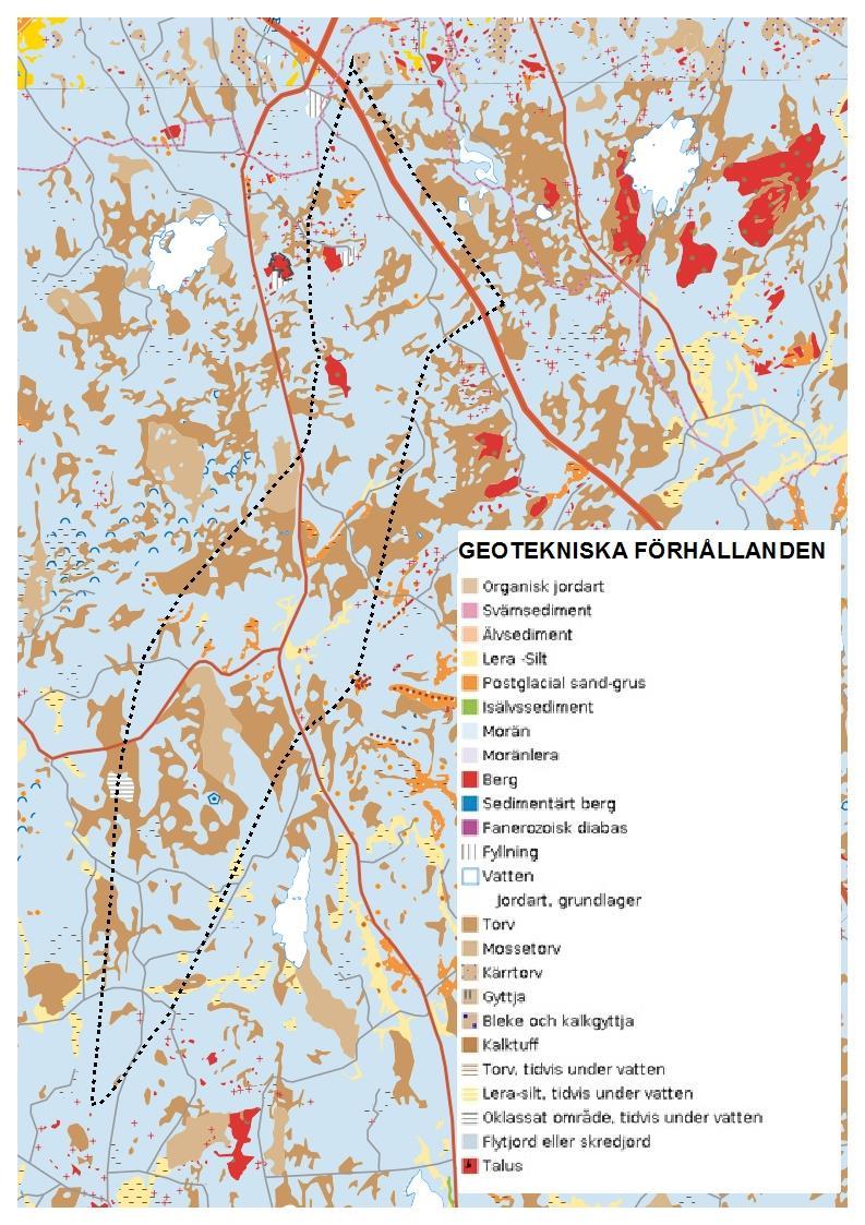 Figur 6 Geotekniska förhållanden inom utredningsområdet enligt SGU 2016 (Sveriges Geologiska undersökning) 5.5. Vatten Inom utredningsområdet finns flera vattendrag.