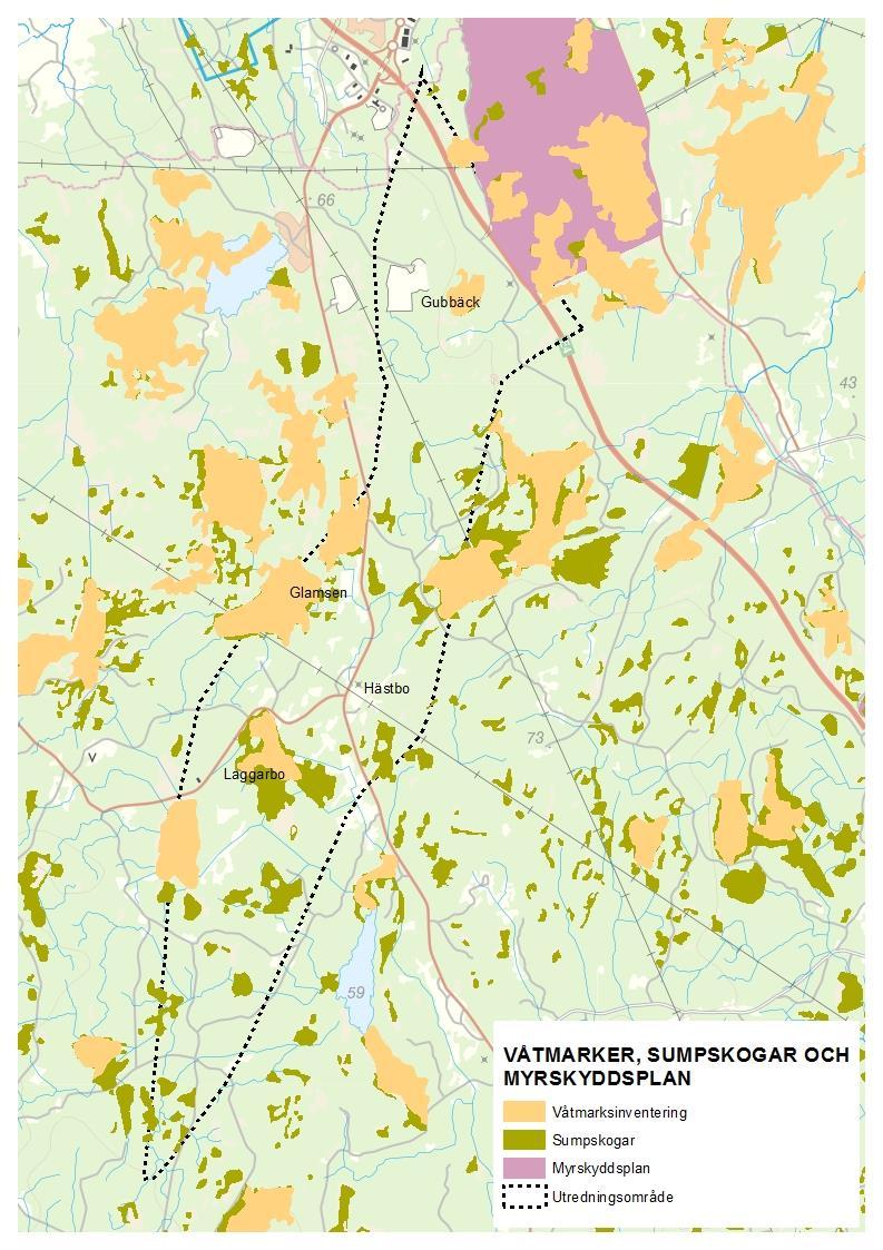 Figur 10 Våtmarker, sumpskogar och myrskyddsplan inom utredningsområdet 5.9. Kulturmiljö 5.9.1. Värdefulla kulturmiljöer Inga riksintressen för kulturmiljövård, kulturreservat, eller byggnadsminnen finns inom utredningsområdet.