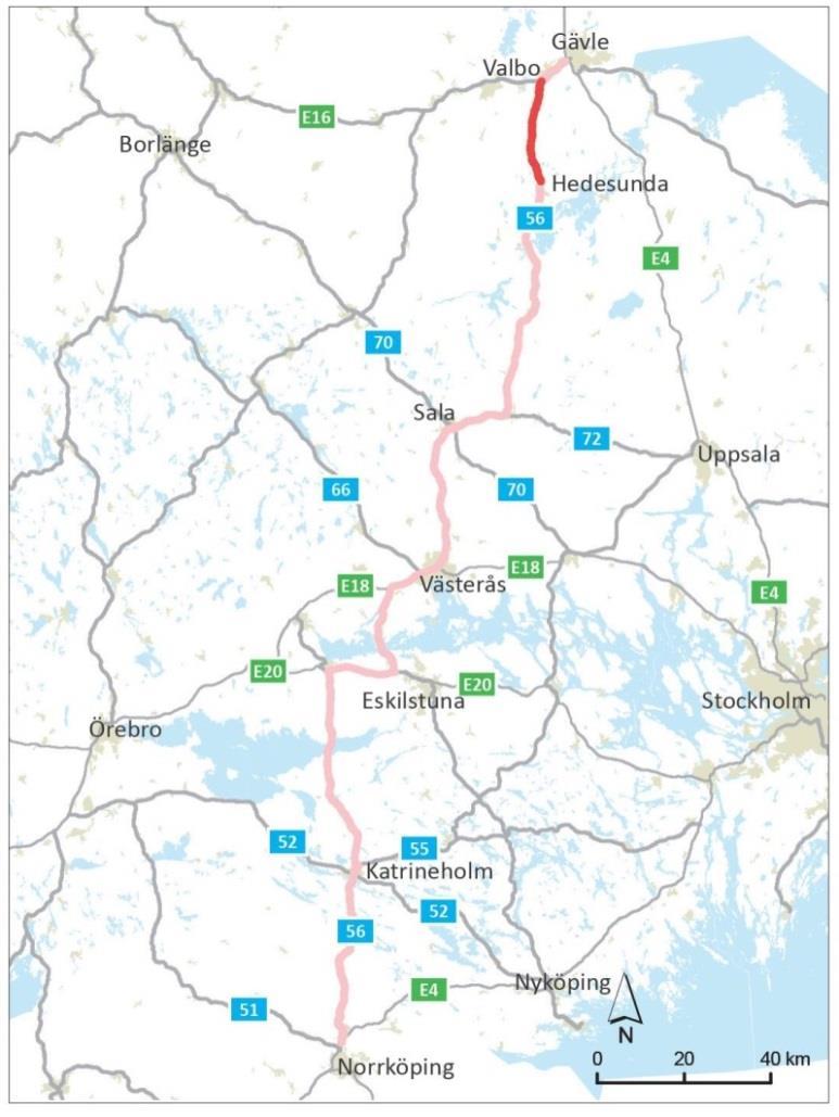 Figur 1 Aktuell sträcka av väg 56 mellan Hedesunda och Valbo (i figuren markerad med rött), är en del av Räta linjen mellan Norrköping och Gävle.