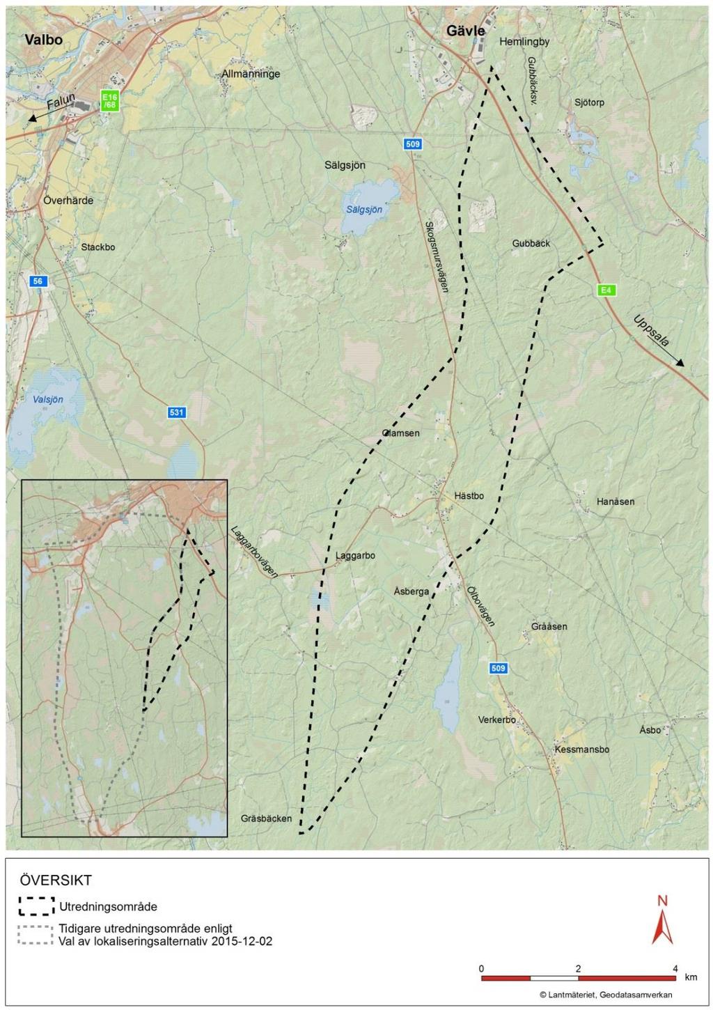 Figur 2 Geografisk avgränsning av aktuellt utredningsområde visas med svart streckad linje, utredningsområde studerat i samrådshandling för val av lokaliseringsalternativ (Trafikverket 2015) visas