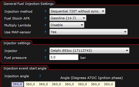 Fig 6.1c - Kalibrering av TPS (Inputs --> Sensors (CLT,IAT,TPS)). [Handbok 5.2.