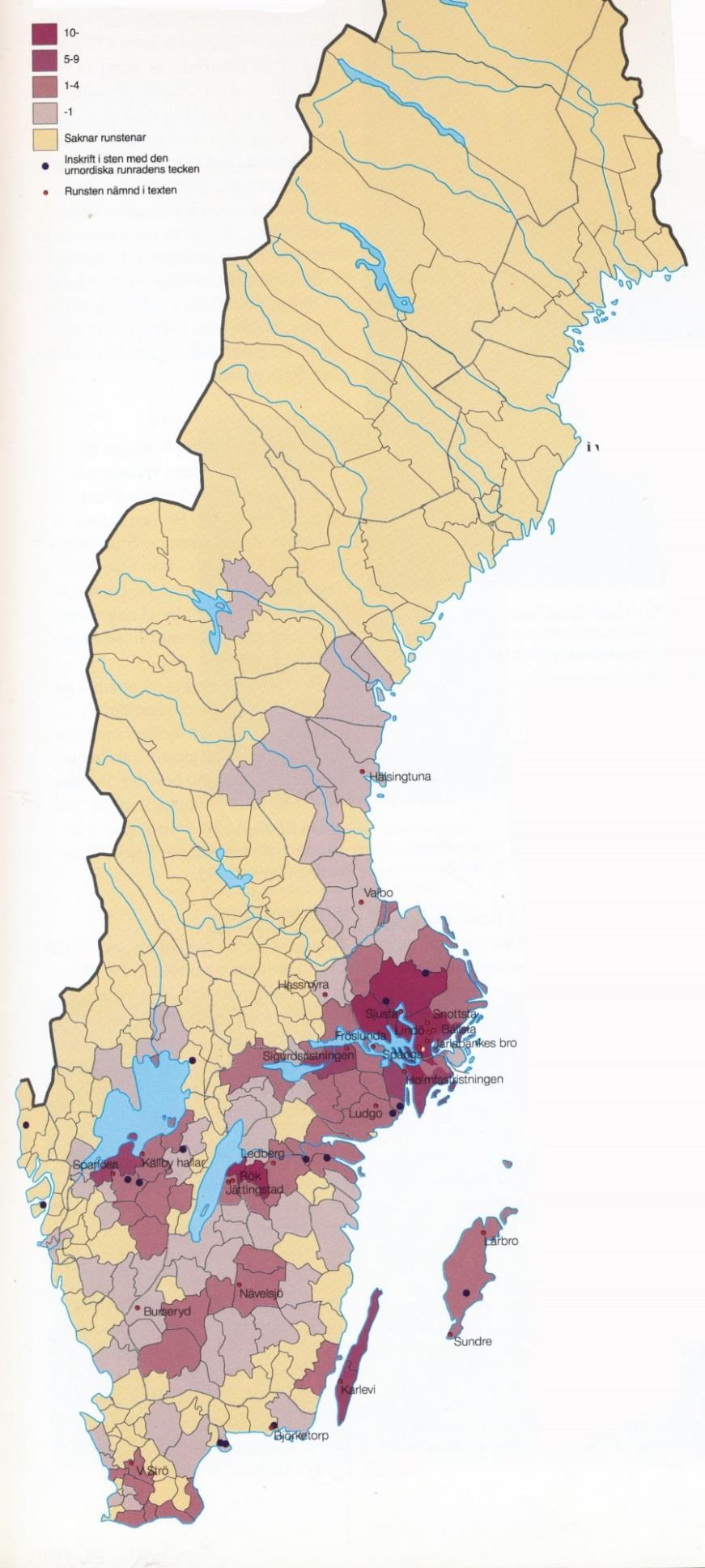 Utbredningen av runstenar i Sverige per kommun (efter Sveriges Nationalatlas, Band 7, s. 45).