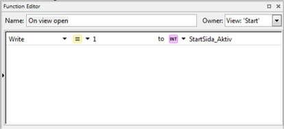 4. Klicka på Do Nothing och välj Write. Genom att skapa en internvariabel som heter StartSida_Akiv och sätta den lika med 1 om sidan öppnas (on view open) har vi koll på vilken sida som visas just nu.