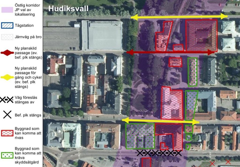 Östlig korridor - Hudiksvall Nuvarande järnvägsbro över Hornån breddas eller rivs för att möjliggöra ny dubbelspårsbro Kålhagsgatan Trädgårdsgatan