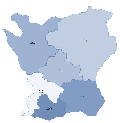 4 kommuner backar i antal gästnätter, Höganäs (-12,2 %), Simrishamn (-11,5), Hörby (-1,1 %) och Båstad (-1 %).