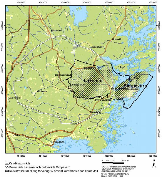 Figur 2-3. De prioriterade delområdena Simpevarp och Laxemar och det totala kandidatområde där SKB tecknat avtal med markägarna om rätt att utföra platsundersökning. 2.4 Platsbeskrivande modell De undersökningsdata som samlas in vid platsundersökningen bearbetas och presenteras i en platsbeskrivande modell.