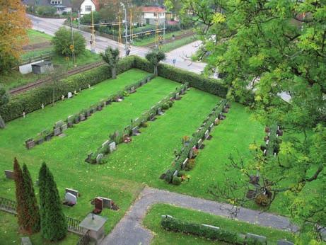 Nya kvarteret från ovan. Del av nya kvarteret fotograferat från nordost. Nya kvarteret Allmän karaktär Det nya kvarteret skapades vid utvidgningen 1940 och ligger längst söderut på kyrkogården.