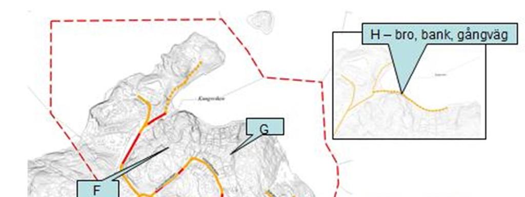 Fyra områden har studerats m.h.t. tillfartsmöjligheter men avfärdats F - Väg från Kungsviksvägen till fastigheterna 12:7 och 12:8. G - Väg från Högvallavägen till fastigheterna i Kungsviken.